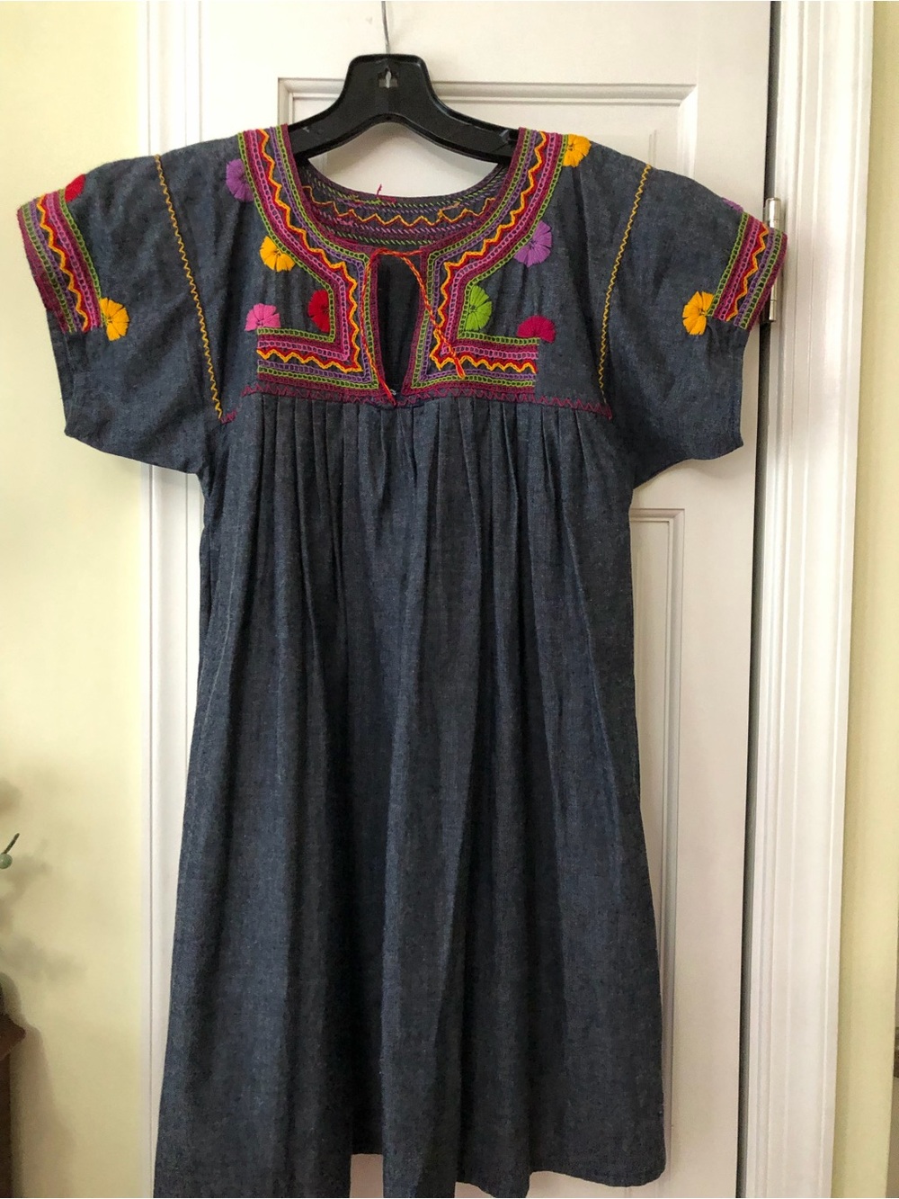 Hand Embroidered Denim Dress - Multicolor Accents